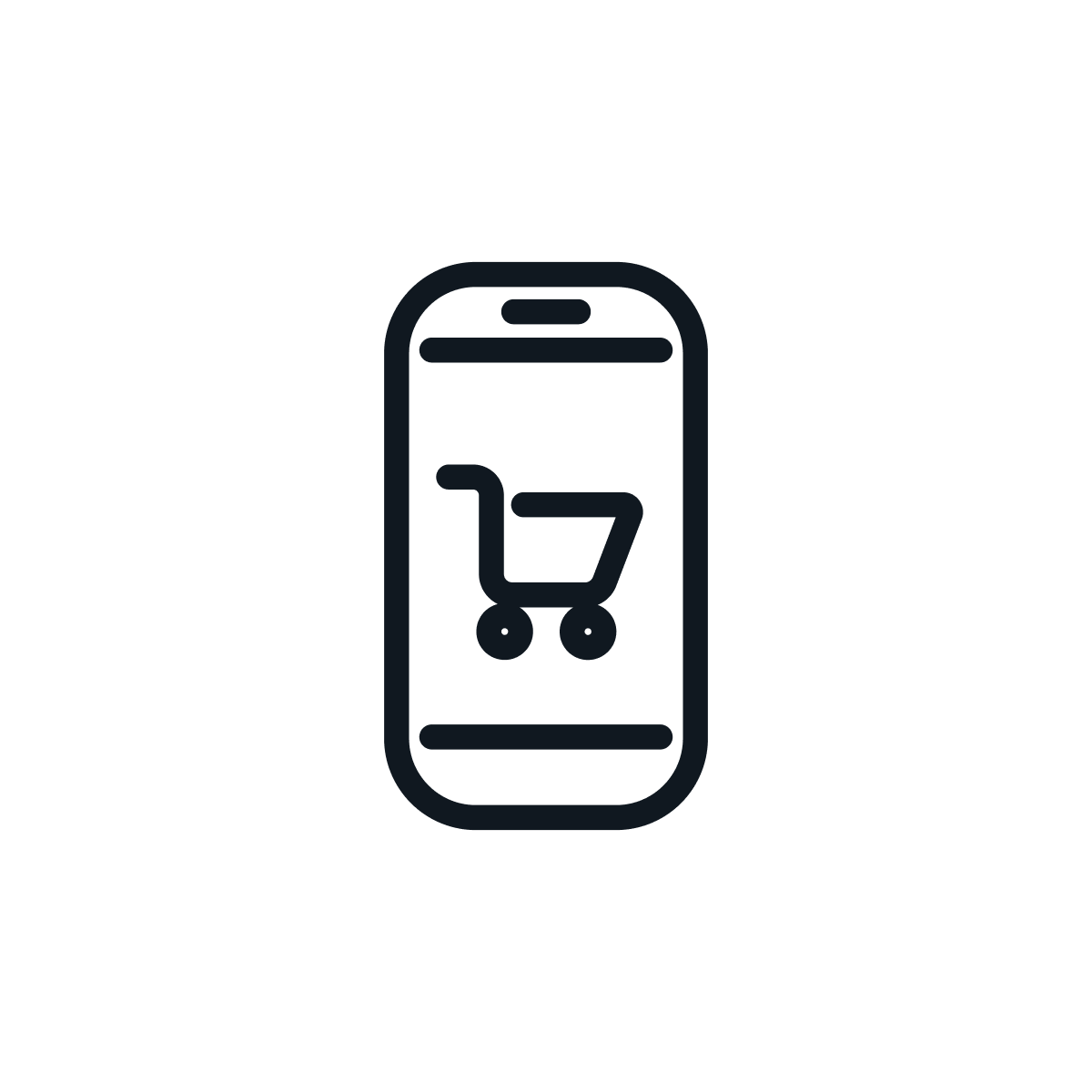 Schwarzweiß-Grafik eines Smartphones mit einem Einkaufswagensymbol auf dem Bildschirm.