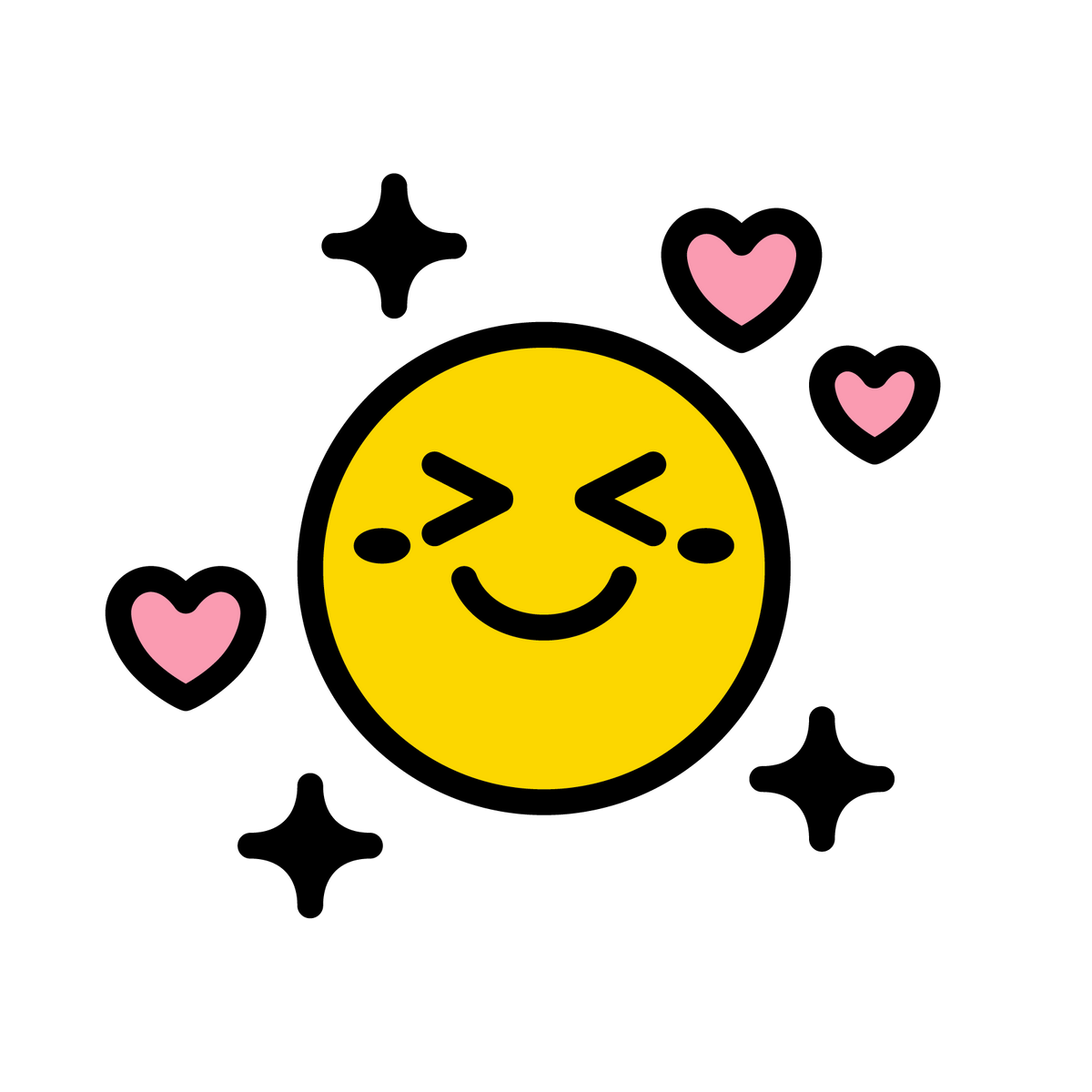 Gelber Smiley mit zugekniffenen Augen, umgeben von rosa Herzen und schwarzen Sternen.