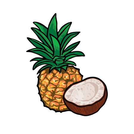 Eine Ananas neben einer halbierten Kokosnuss auf schwarzem Hintergrund.