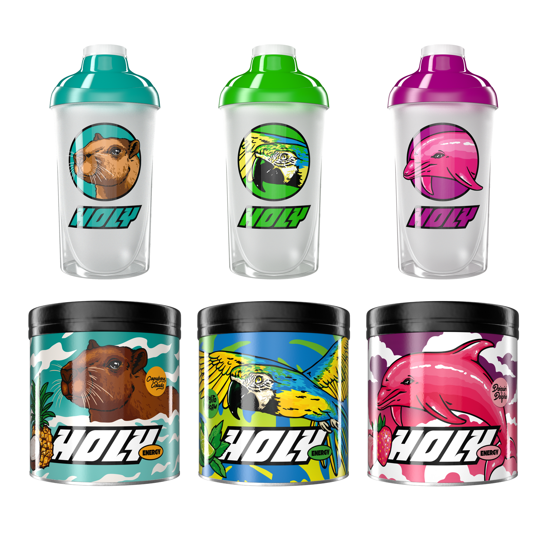 Drei bunte Shaker oben und drei verzierte Pappdosen unten mit Tiermotiven und dem Logo "HOLY" vor schwarzem Hintergrund.