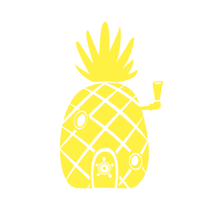 Gelbe Illustration eines Ananashauses mit einer Tür, Fenstern und Schornstein auf schwarzem Hintergrund.