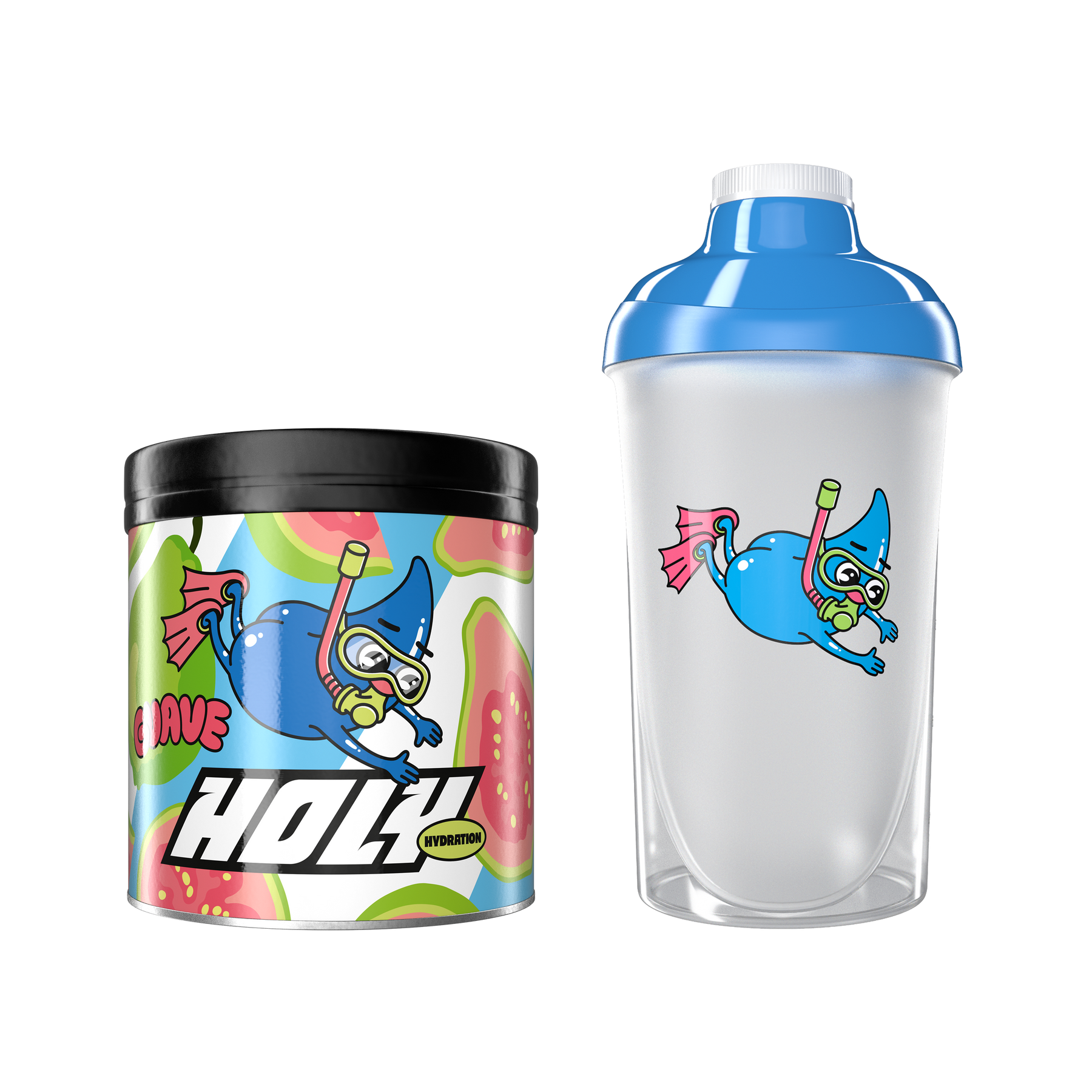 Bunte Pappdose und ein Shaker mit einer Tauchfigur in Blau, umgeben von grafischen Abbildungen von Früchten.