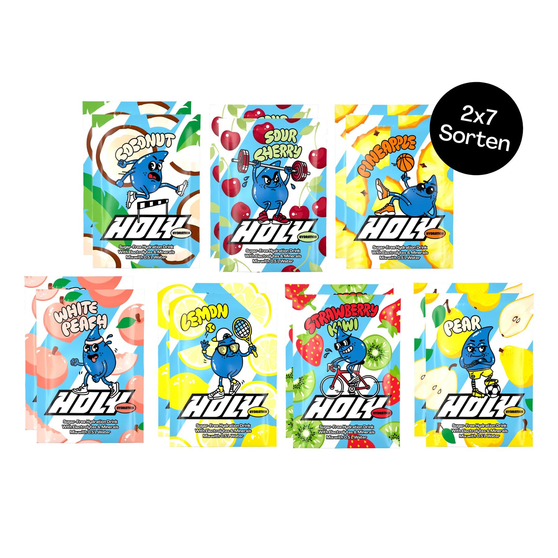 Sieben bunte Sachets mit verschiedenen Fruchtgeschmackssorten, jeweils mit einem blauen Cartoon-Maskottchen.