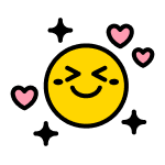 Gelbes Emoji mit zusammengekniffenen Augen und einem breiten Lächeln, umgeben von drei rosa Herzen.