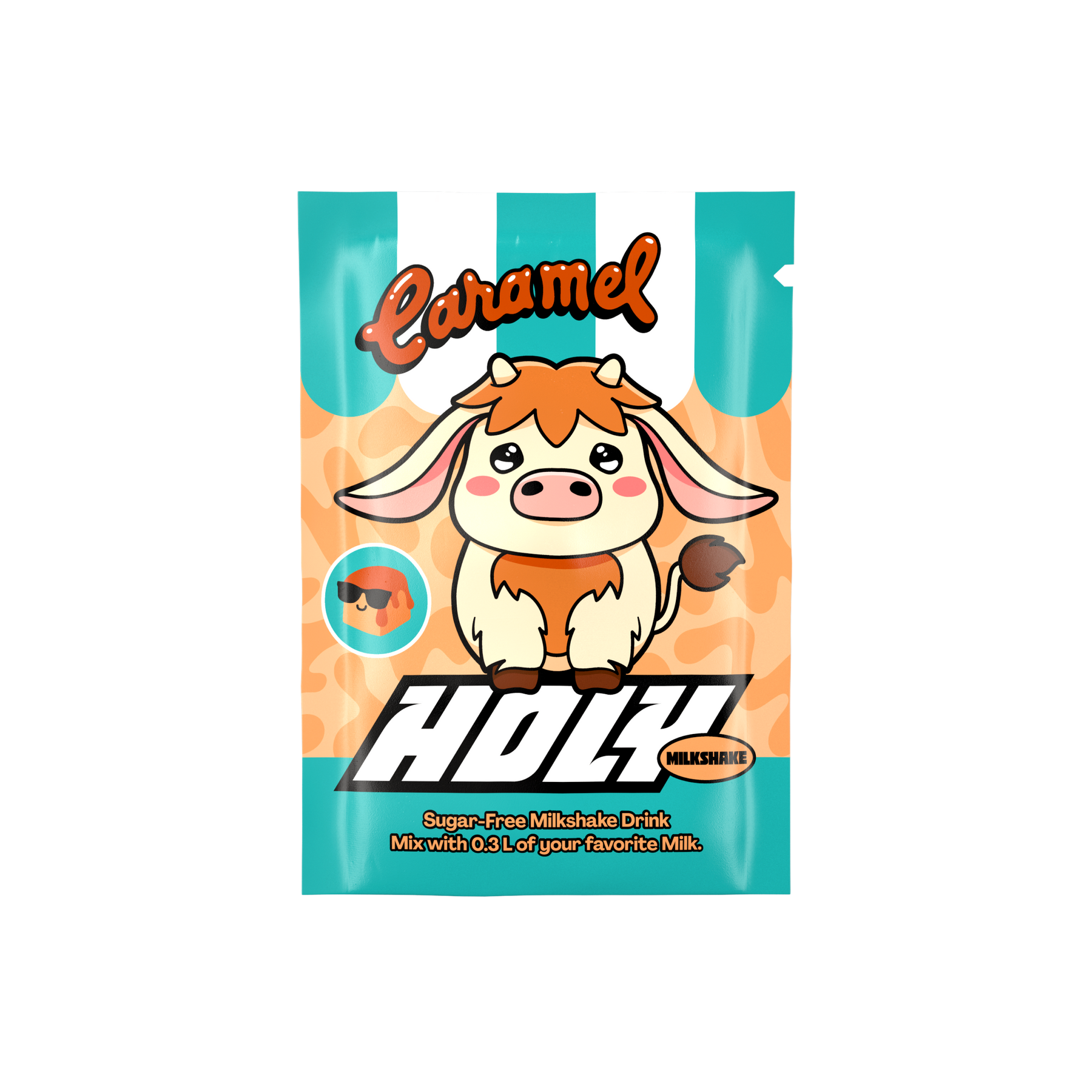 Sachet mit Karamell-Milchshake-Thema, zeigt eine Cartoon-Kuh auf gestreiftem Hintergrund.