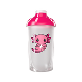 Transparenter Shaker mit rosa Deckel und einem niedlichen Axolotl-Motiv auf der Vorderseite.