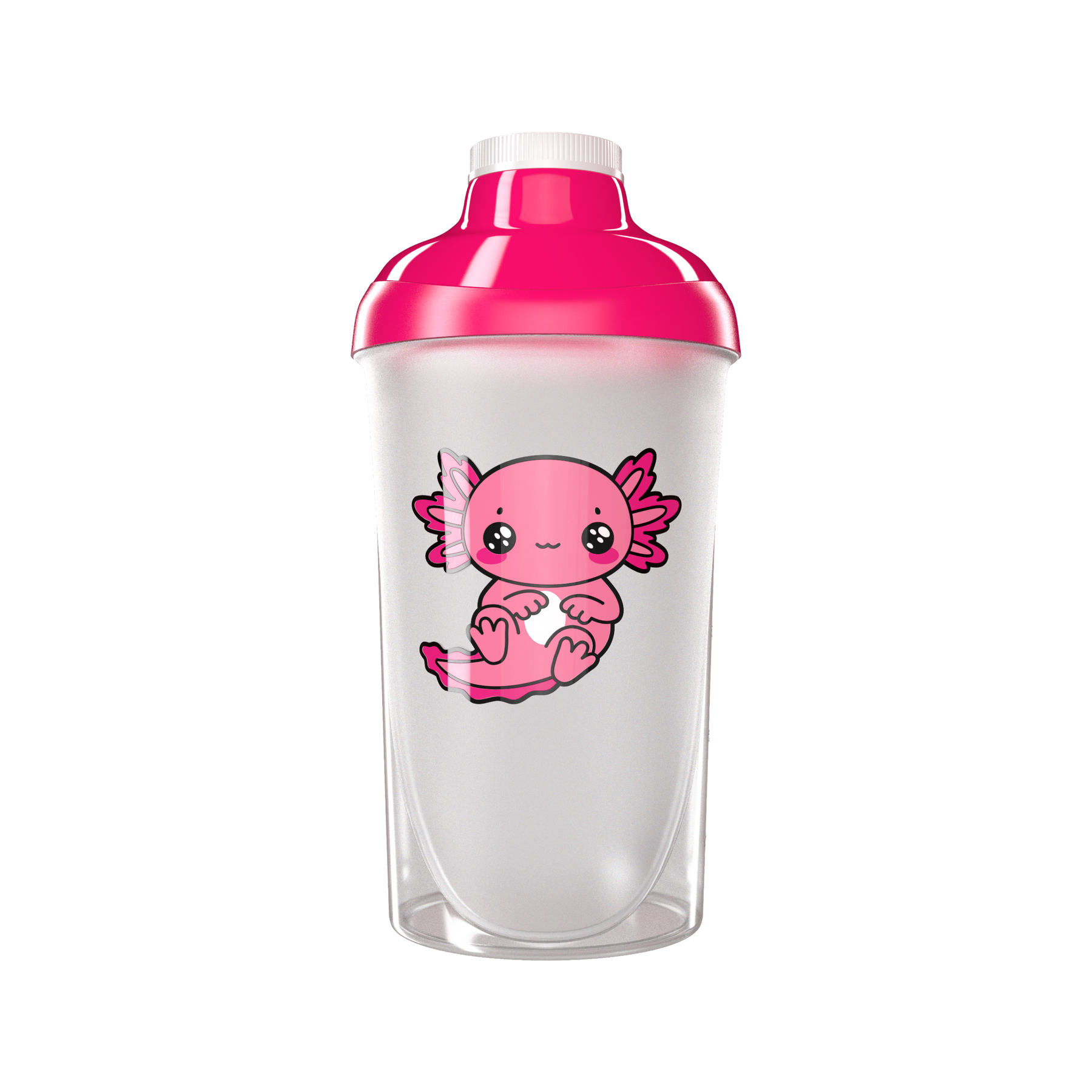 Transparenter Shaker mit rosa Deckel und einem niedlichen Axolotl-Motiv auf der Vorderseite.