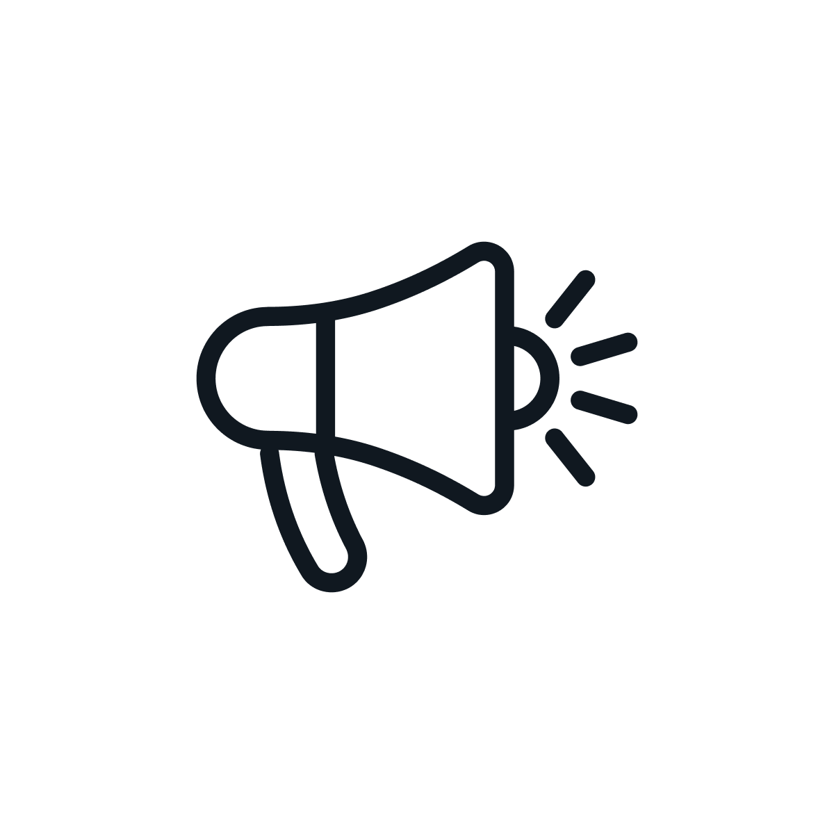 Schwarzes Linien-Icon eines Megaphons auf weißem Hintergrund.