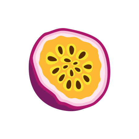 Illustration einer halbierten Passionsfrucht mit gelbem Fruchtfleisch und schwarzen Kernen.