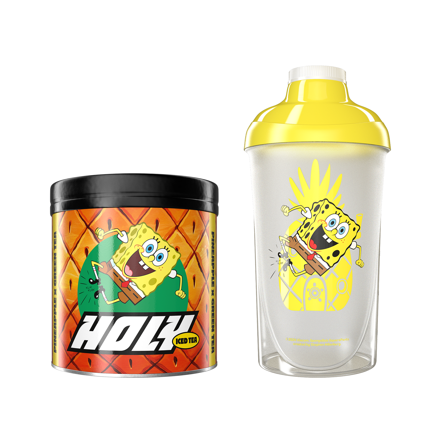 Eine Pappdose und ein Shaker mit einem Comicfigur-Design auf gelbem Hintergrund.