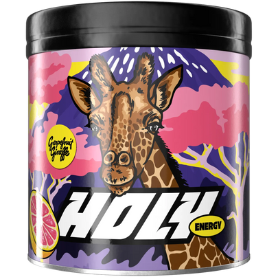 Pappdose mit bunter Giraffenillustration, Aufschrift "HOLY Energy" und "Grapefruit Giraffe" auf rosafarbenem Hintergrund.