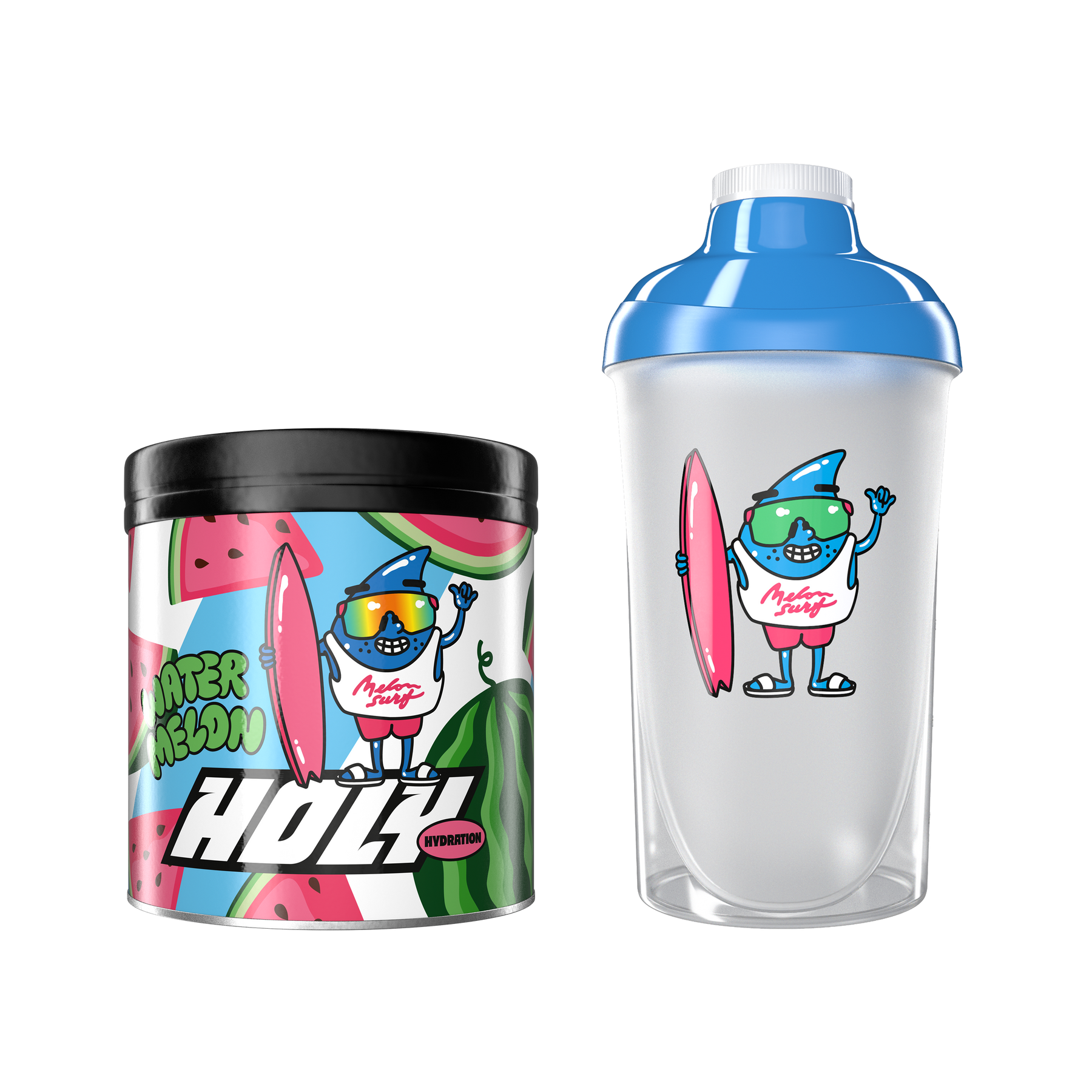 Pappdose mit Wassermelonen-Design und passender Shaker mit Cartoonfigur und Surfbrett.