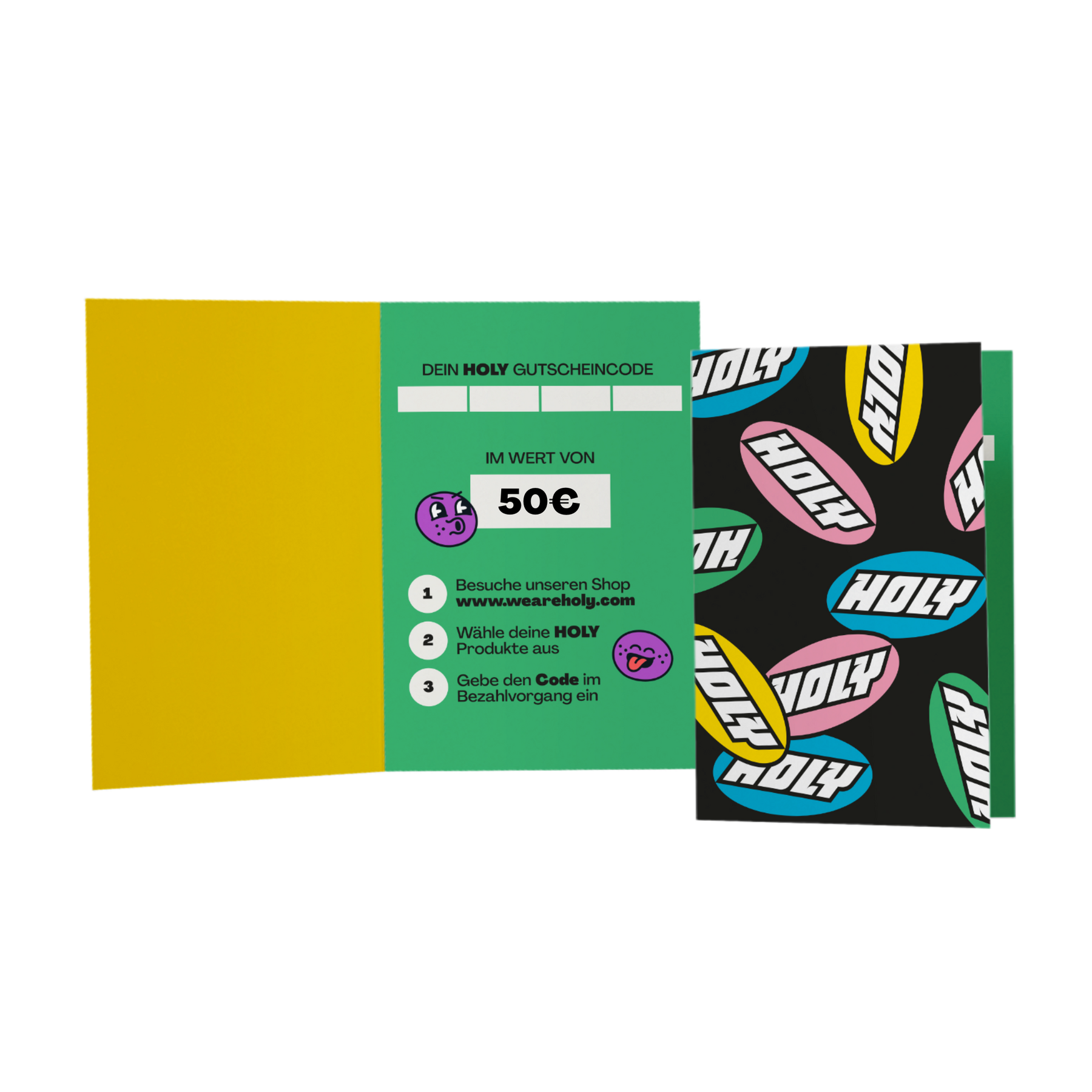 Eine bunte Klappkarte mit einem HOLY-Gutscheincode im Wert von 50€, mit Anweisungen zum Einlösen auf der Rückseite.