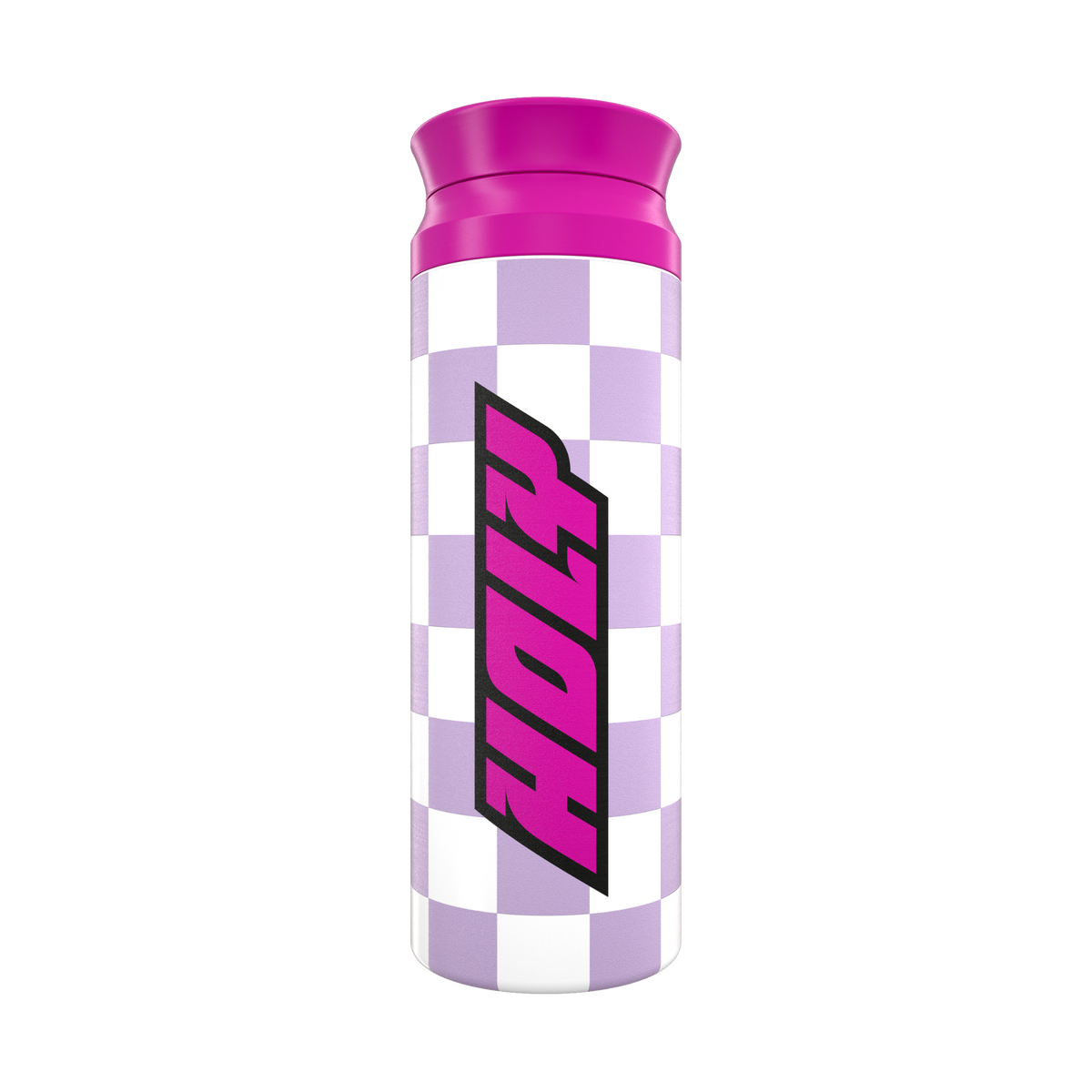 Ein Shaker mit lila-weißem Karomuster und pinkem Verschluss, darauf steht "HOLY" in pinken Buchstaben.