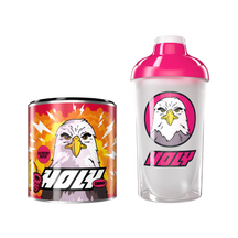 Pappdose mit einem Adler und Shaker mit pinkem Deckel, beide mit "Holy Energy"-Logo.