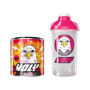 Pappdose mit einem Adler und Shaker mit pinkem Deckel, beide mit "Holy Energy"-Logo.