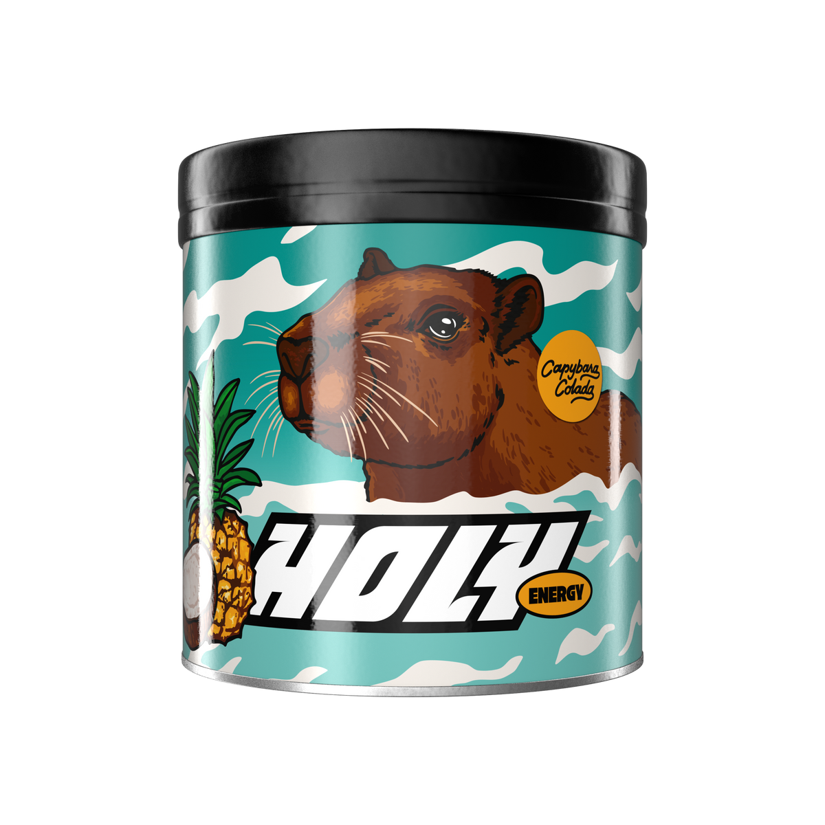 Pappdose mit Capybara-Illustration und Ananas-Motiv auf türkisfarbenem Hintergrund, beschriftet mit "HOLY Energy".