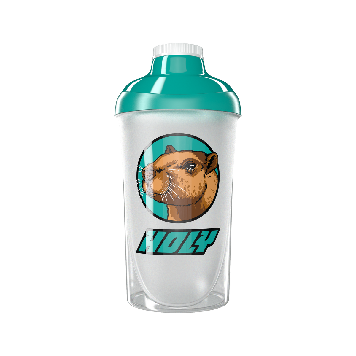 Transparenter Shaker mit einem Kamelmotiv und dem Schriftzug "Holy" in Türkis und Weiß.