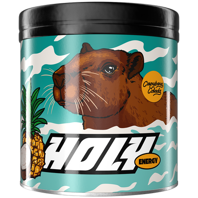 Pappdose mit einem Capybara-Design, Ananas und Kokosnuss, Aufschrift "HOLY ENERGY Capybara Colada".