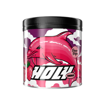 Pappdose mit einem rosafarbenen Delfin, Erdbeeren und der Aufschrift "HOLY Energy Daiquiri Dolphin" auf dem Etikett.