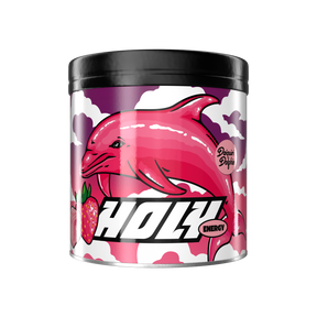 Pappdose mit einem rosafarbenen Delfin, Erdbeeren und der Aufschrift "HOLY Energy Daiquiri Dolphin" auf dem Etikett.