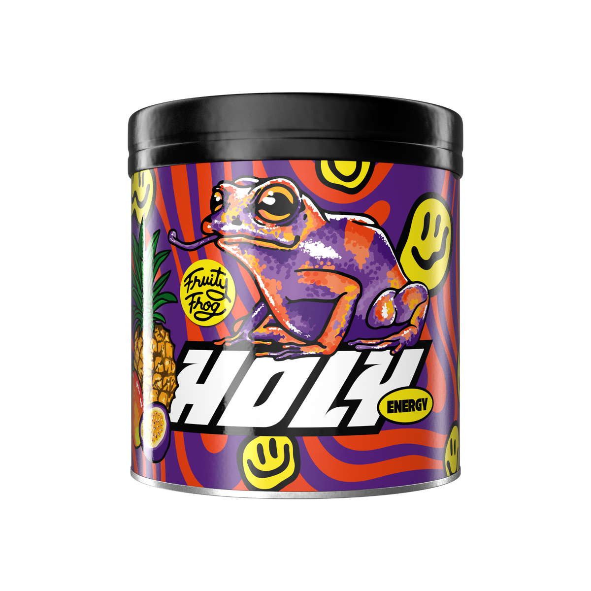 Bunte Pappdose mit Froschmotiv und Fruchtdesign, darunter das Wort "Holy" und gelben Smileys.