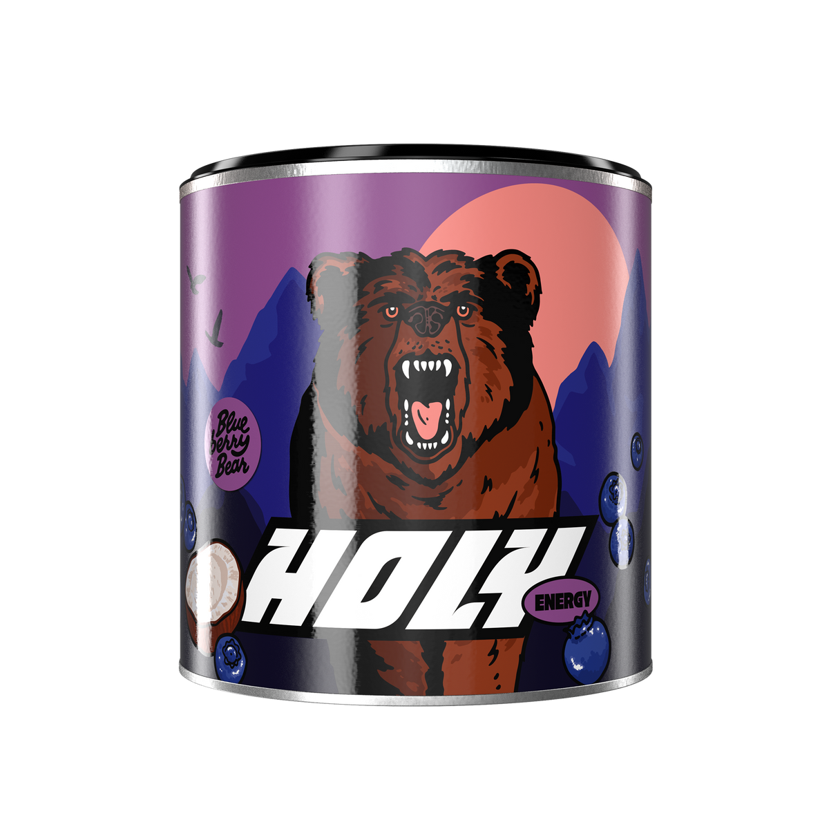 Pappdose mit einem bedrohlichen Bärenmotiv und der Aufschrift "HOLY Energy", vor einem violetten Mondhintergrund.