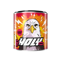 Pappdose mit Design eines Adlers, Blitzen und Früchten, beschriftet mit "HOLY Energy Raspberry Raptor".
