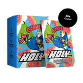 Blauer Karton und Sachet mit Fruchtmotiven und der Aufschrift "Guave" und "HOLY" in auffälligen Farben.
