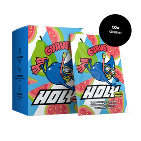 Blauer Karton und Sachet mit Fruchtmotiven und der Aufschrift "Guave" und "HOLY" in auffälligen Farben.