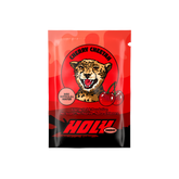 Rotes Sachet "Cherry Cheetah" mit einem Gepard und zwei Kirschen, beschriftet mit "HOLY Energy" und Nährwertinfos.