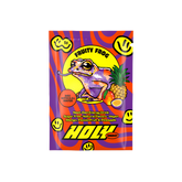 Buntes Sachet "Fruity Frog" mit einem Frosch und Früchten, umgeben von gelben Smiley-Gesichtern auf lila Hintergrund.