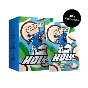 Blaue Pappbox und Sachet mit Kokosnuss-Motiv und Schriftzug "HOLY" vor schwarzem Hintergrund.