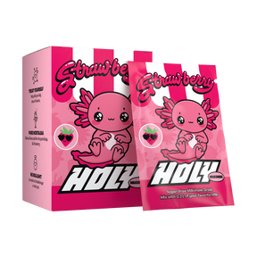 Pinkfarbene Pappbox mit einem Axolotl-Motiv, beschriftet mit "strawberry" und einer passenden Probepackung.