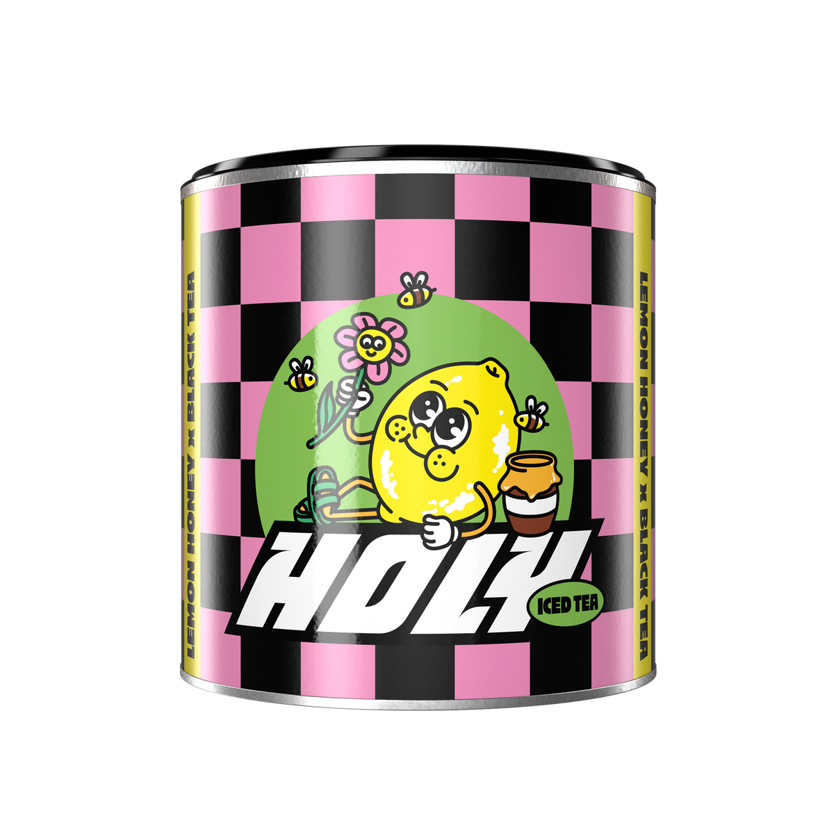 Pappdose mit schwarz-pinkem Schachbrettmuster, einem zitronenförmigen Charakter und der Aufschrift "HOLY Iced Tea".