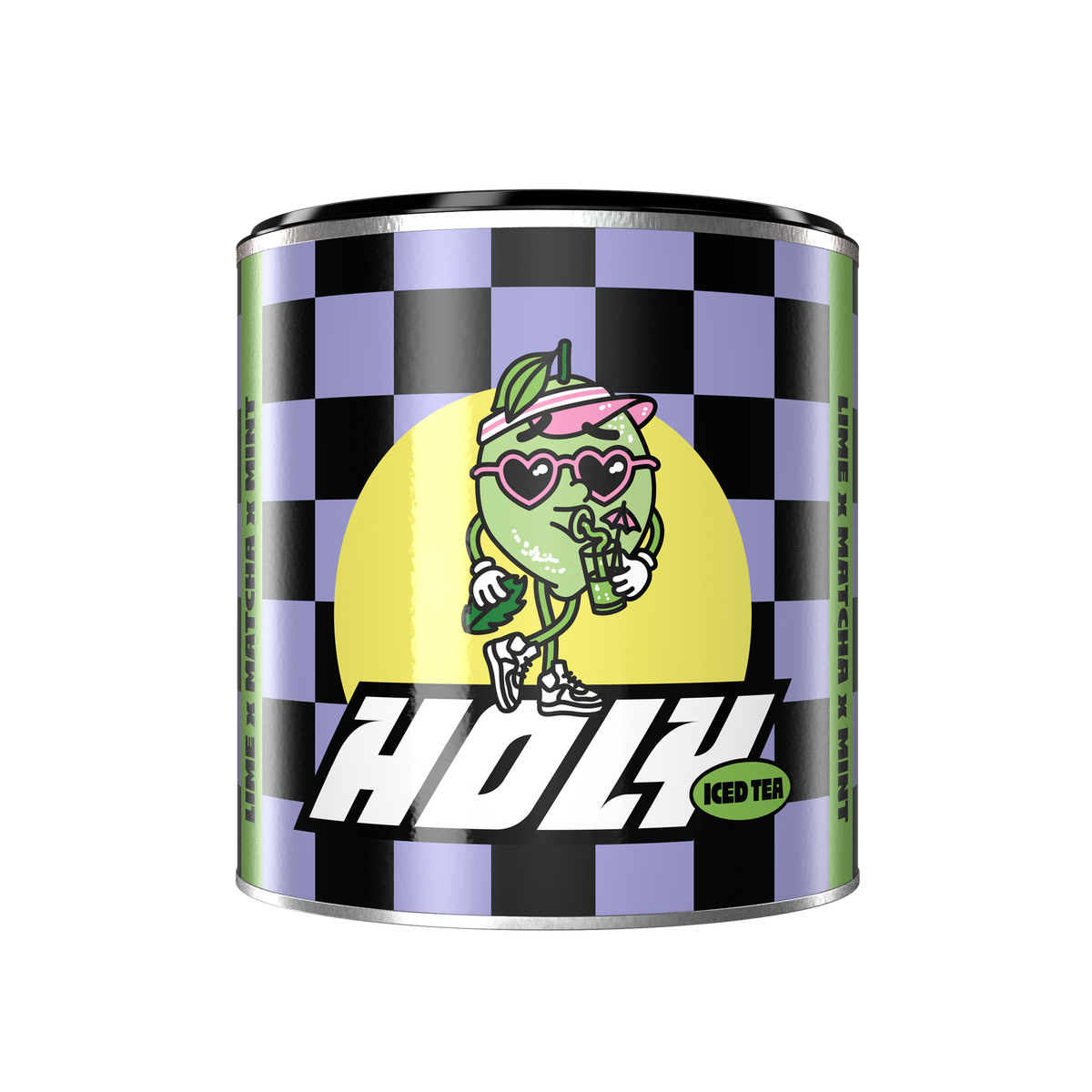 Pappdose mit bunter Cartoon-Limette in stylischer Pose vor kariertem Hintergrund mit dem Text "HOLY Iced Tea".
