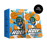 Pappbox mit Sachets, bedruckt mit einem Cartoon-Charakter und Orangen, beschriftet mit "Orange" und "HOLY".