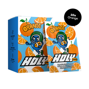 Pappbox mit Sachets, bedruckt mit einem Cartoon-Charakter und Orangen, beschriftet mit "Orange" und "HOLY".