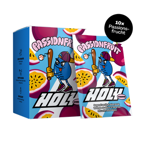 Verpackung und Probepackung eines Passionsfruchtgetränks mit Spielerillustration und Schriftzug "HOLY".