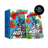 Pappbox mit 10 Probepackungen Erdbeere-Kiwi-Getränk, illustriert mit Comicfrüchten und einem Fahrrad fahrenden Tropfen.