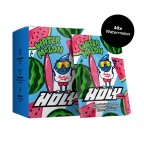 Pappbox mit Wassermelonen-Design und darauf eine Probepackung mit Comicfigur und Text "Water Melon".
