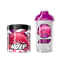 Eine pinke Pappdose und ein Shaker, beide mit einem Delphinmotiv, auf schwarzem Hintergrund.