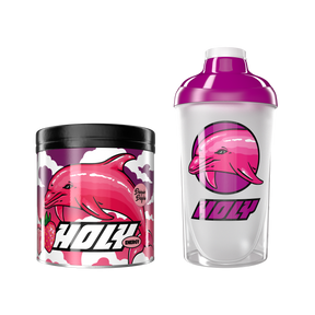 Eine pinke Pappdose und ein Shaker, beide mit einem Delphinmotiv, auf schwarzem Hintergrund.