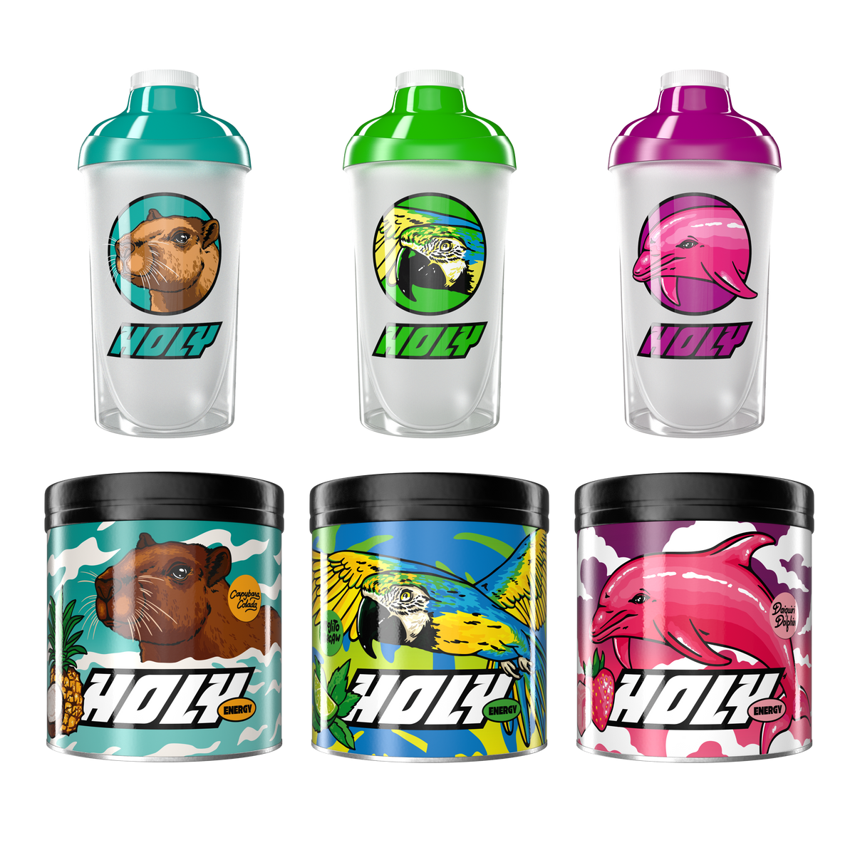 Drei bunte Shaker oben und drei verzierte Pappdosen unten mit Tiermotiven und dem Logo "HOLY" vor schwarzem Hintergrund.