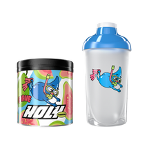 Bunte Pappdose und ein Shaker mit einer Tauchfigur in Blau, umgeben von grafischen Abbildungen von Früchten.