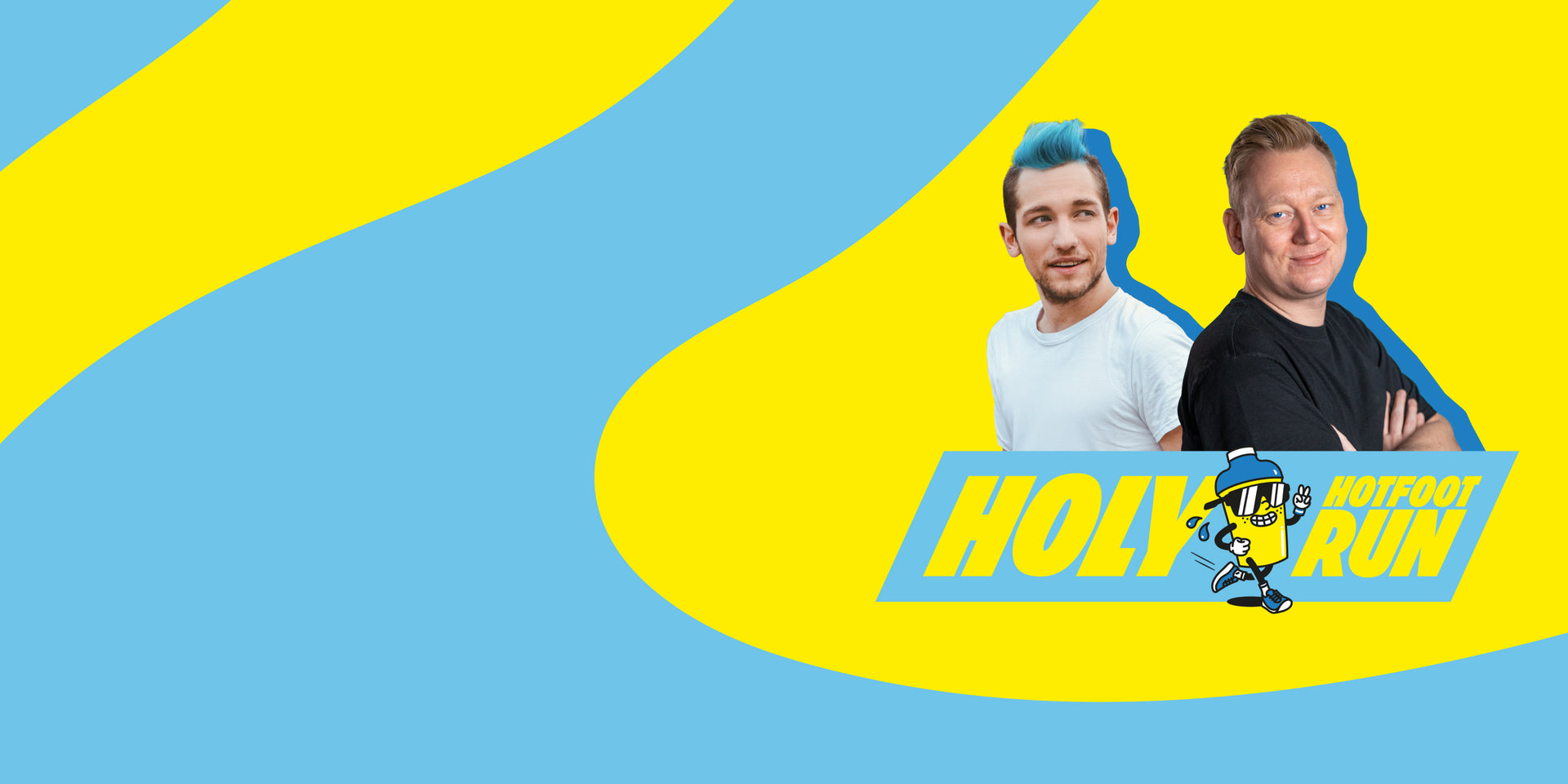 Zwei Männer vor einem gelb-blauen Hintergrund mit der Aufschrift "Holy Hotfoot Run" und einem Comic-Charakter.