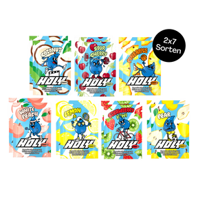 Sieben bunte Sachets mit verschiedenen Fruchtgeschmackssorten, jeweils mit einem blauen Cartoon-Maskottchen.