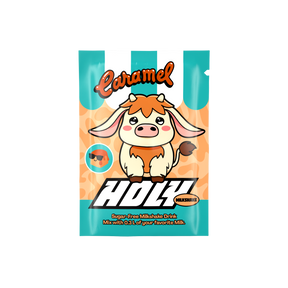 Sachet mit Karamell-Milchshake-Thema, zeigt eine Cartoon-Kuh auf gestreiftem Hintergrund.