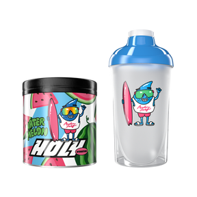 Pappdose mit Wassermelonen-Design und passender Shaker mit Cartoonfigur und Surfbrett.